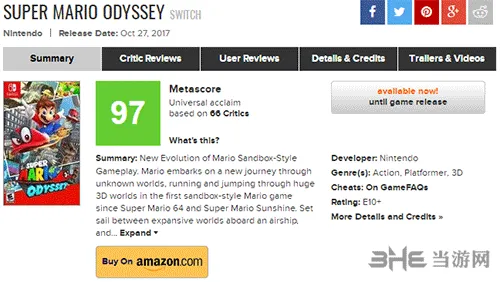 《超级马里奥：奥德赛》口碑逆天 IGN与GS双满分