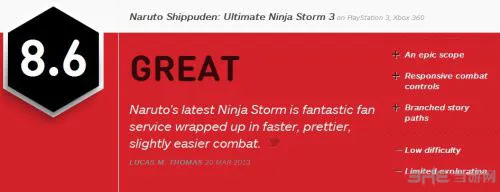 火影忍者究极风暴3获IGN8.6好评 轻快的节奏令人爱不释手