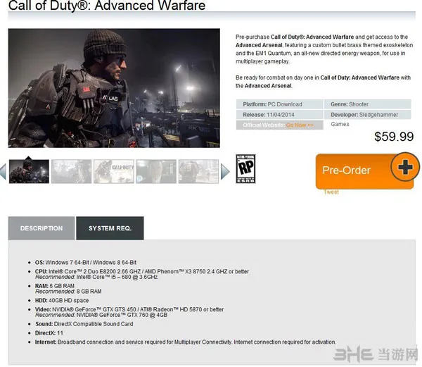 使命召唤11高级战争PC最低配置要求公布 与COD10一模一样
