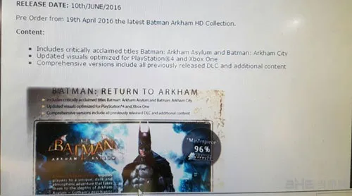 《蝙蝠侠：阿卡姆HD合集》发售时间泄