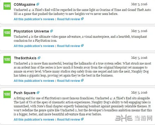 又一神作诞生 《神秘海域4：盗贼末路》获多数媒体满分评价
