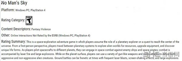 《无人深空》ESRB评级为10岁+ 少量科幻式暴力