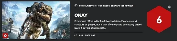 《幽灵行动：断点》IGN评分6.0 开放